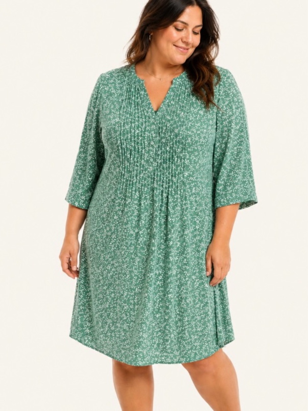 Green Floral Pintuck V-Neck Midi Dress with 3/4 Sleeves Size XXL
